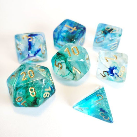 Dadi set da 7 Gemini Polyhedral (in box trasparente) (in box trasparente) Nebula Oceanic/Gold