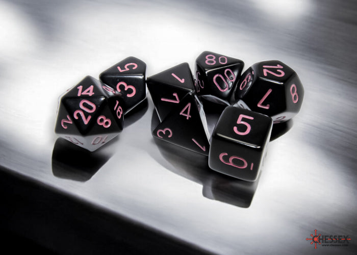 Polyhedral 7-Die Set Opaque Dice (36)- Black/Pink