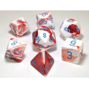 DADI SET  - GEMINI POLYHEDRAL RED-WHITE/BLUE 7-DADI SET