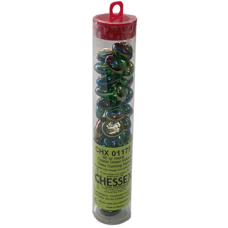 Glass Gaming Stones Tube (40+) - Crystal Green Iridized