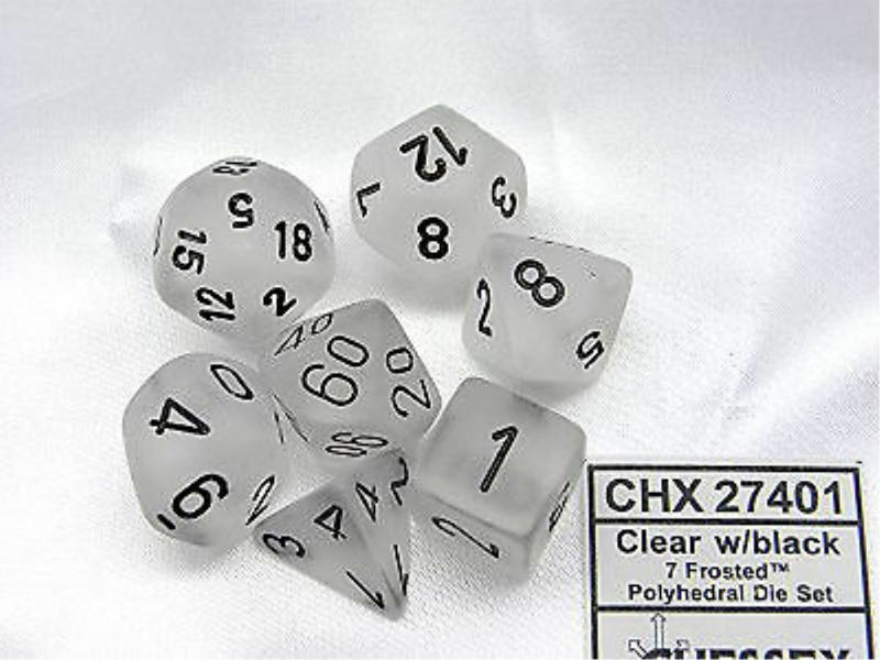 Polyhedral 7-Die Frosted Dice Set - Clear W/black